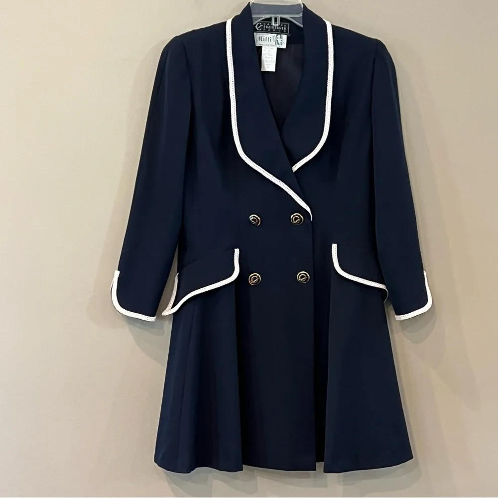 VTG Candice Fraiberger Paris French Peplum Dress Jacket Wool Navy 8 Embroidered - Picture 7 of 10